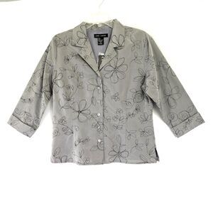 Anne Carson Women's M Gray Silk Blouse Jacket Floral Embroidery 3/4 Sleeves NWT